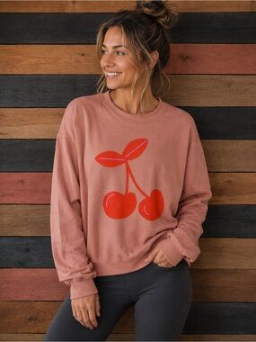 Wild Mae Cherry Graphic Sweatshirt Pink Oversized Crewneck Pullover